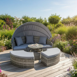 Camrose Rattan Garden Furniture Day Bed With Rising Table in Grey