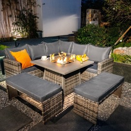 Rosen Rattan Garden Furniture 9 Seater Corner Sofa Set with Fire pit Dining Table in mix Grey
