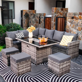 Rosen 9 Seater Fire Pit Rattan Garden Furniture Corner Dining Sofa Set