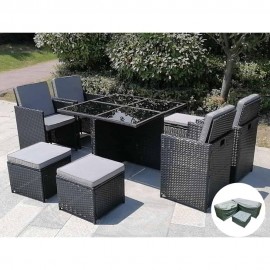 ETON RATTAN GARDEN 8 SEATER CUBE SET IN BLACK WITH RAIN COVER