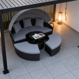 Camrose Rattan Garden Furniture Day Bed With Rising Table in Black