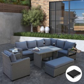 Galle Right Facing 9 Seater Garden Corner Sofa Dining Set With Parasol Hole And Foldable Side Tables