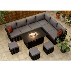 HAGEN FULLY ASSEMBLED 9 SEATER ALUMINIUM CORNER GARDEN FURNITURE DINING SOFA SET WITH FIRE PIT TABLE