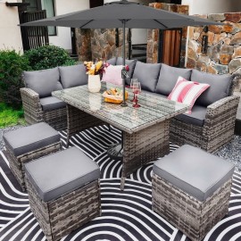 Rosen 9 Seater Rattan Corner Sofa Dining Table With Parasol - Grey