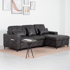 PU Leather 3 Seater Corner Sofa Bed With Corner Chaise and Storage