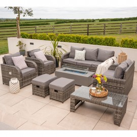 Lotus 9 Seater Rattan Garden Furniture Recliner Cube Sofa Set with Fire Pit And Coffee Table