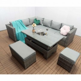 Monaco 9 Seater Corner Sofa Rattan Sofa Lift-Up Dining Set with Ice Bucket in Grey