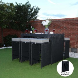 6 Seater Rattan Garden Furniture Bar Table and Stool Set in Black with Rain Cover