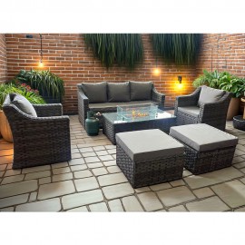 ROSEN 7 SEATER GREY RATTAN GARDEN SOFA SET WITH SWIVEL CHAIR AND FIRE PIT