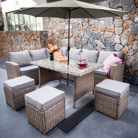 Rosen 9 Seater Rattan Corner Sofa Dining Table With Parasol+Base+Rain Cover Nature