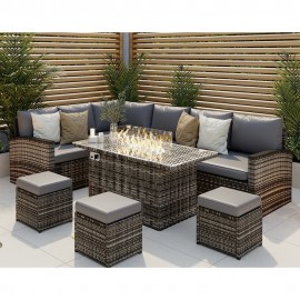 ROSEN 9 SEATER FIRE PIT RATTAN GARDEN FURNITURE CORNER DINING SOFA SET IN GREY