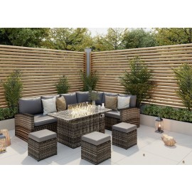 ROSEN 9 SEATER FIRE PIT RATTAN GARDEN FURNITURE CORNER DINING SOFA SET IN GREY RIGHT FACING