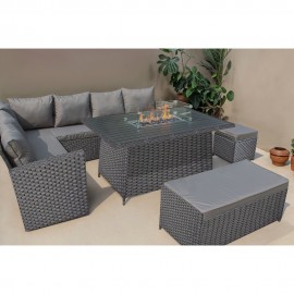 ROSEN 9 SEATER RATTAN GARDEN FURNITURE CORNER SOFA SET WITH FIRE PIT DINING TABLE AND STORAGE BOX IN BLACK