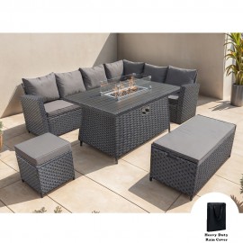ROSEN 9 SEATER RATTAN GARDEN FURNITURE CORNER SOFA SET WITH ALUMINUM FIRE PIT DINING TABLE AND STORAGE BOX