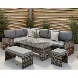 ROSEN RATTAN GARDEN FURNITURE 9 SEATER CORNER SOFA RISING TABLE SET WITH BENCH AND STOOL