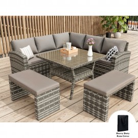 Rosen 9 Seater Rattan Garden Furniture Cube Dining Set With Rain Cover In Grey