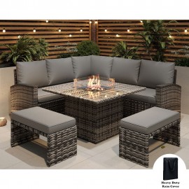 ROSEN 9 SEATER FIRE PIT RATTAN GARDEN FURNITURE CORNER SOFA CUBE SET WITH 2 BENCHES IN GREY