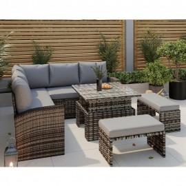 ROSEN RATTAN GARDEN FURNITURE 9 SEATER CORNER SOFA RISING TABLE SET WITH 2 BENCHES IN GREY