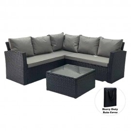 5 SEATER BLACK CORNER RATTAN GARDEN SOFA SETS WITH RAIN COVER