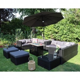 Vancouver 12 Seater Rattan Corner Sofa Patio Set Fire Pit Dining Table Set With Parasol & Base