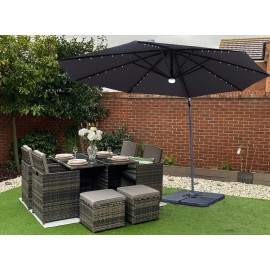 ETON RATTAN GARDEN 8 SEATER CUBE SET IN GREY WITH RAIN COVER AND LED PARASOL