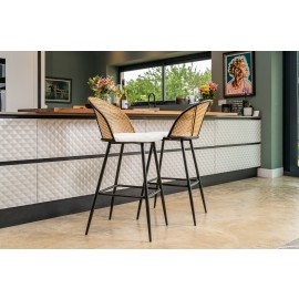 Set Of 2 Boho PE Rattan Bar Stool Bar Chairs With white Boucle Upholstery