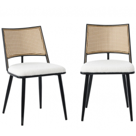 Set of 2 Boho Rattan Dining Chairs With Boucle Upholstery